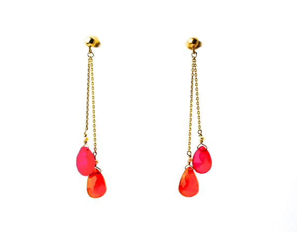 Multicolored gemstone earrings, hotpink chalcedony, Orange quartz, gold post, shoulder length earrings, gold earrings, bridal earrings
