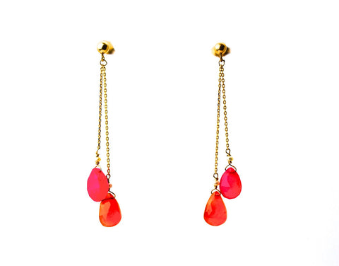 Multicolored gemstone earrings, hotpink chalcedony, Orange quartz, gold post, shoulder length earrings, gold earrings, bridal earrings