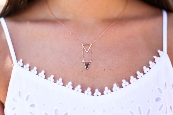 Double Triangle Necklace Rose Gold Plated, Dainty Geometric Layered Pendant, Minimalist Gift Her