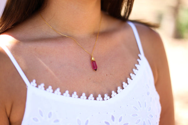 Genuine Pink Quartz Crystal Pendant Necklace 14k Gold Dipped, Handmade Healing Crystal Jewelry, Gift Her