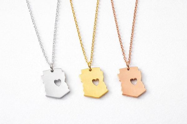Dainty Arizona State Necklace with Heart Cutout, Minimalist Gold Jewelry