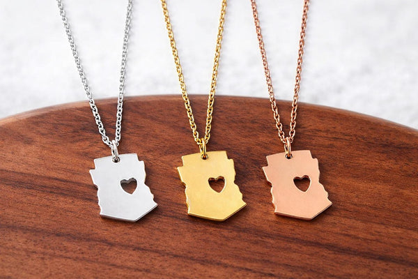 Dainty Arizona State Necklace with Heart Cutout, Minimalist Gold Jewelry