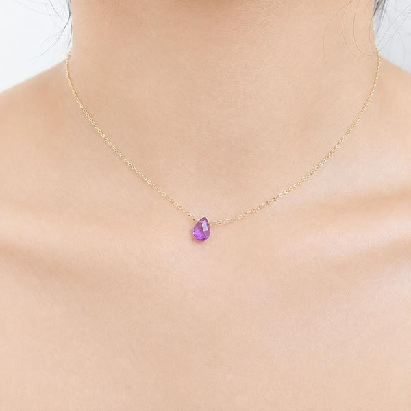 Tear drop purple genuine Amethyst tiny pendant with 14k Gold Filled Necklace | Layering Jewelry | Minimalist Necklace | February Birthstone