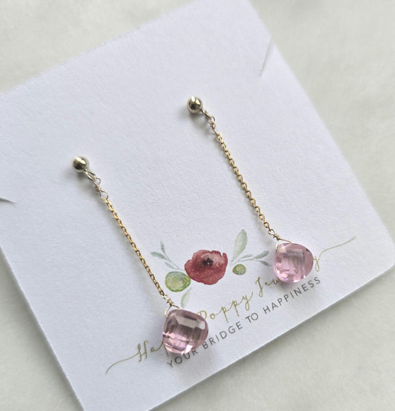 Pink Quartz gemstone earrings, Light 14k gold filled earrings | Bridal | Bridesmaid