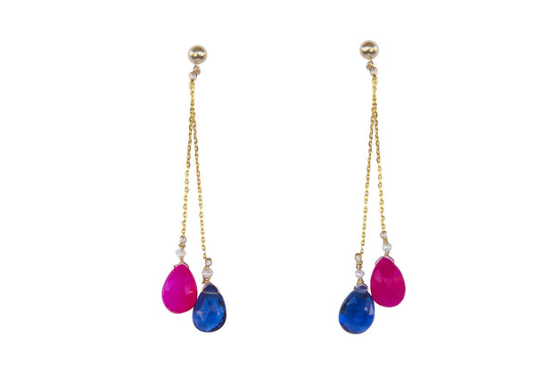 Multi-colored gemstone earrings, hotpink chalcedony, blue quartz, gold post, shoulder length earrings, gold earrings, bridal earrings