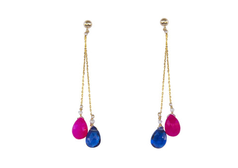 Multi-colored gemstone earrings, hotpink chalcedony, blue quartz, gold post, shoulder length earrings, gold earrings, bridal earrings