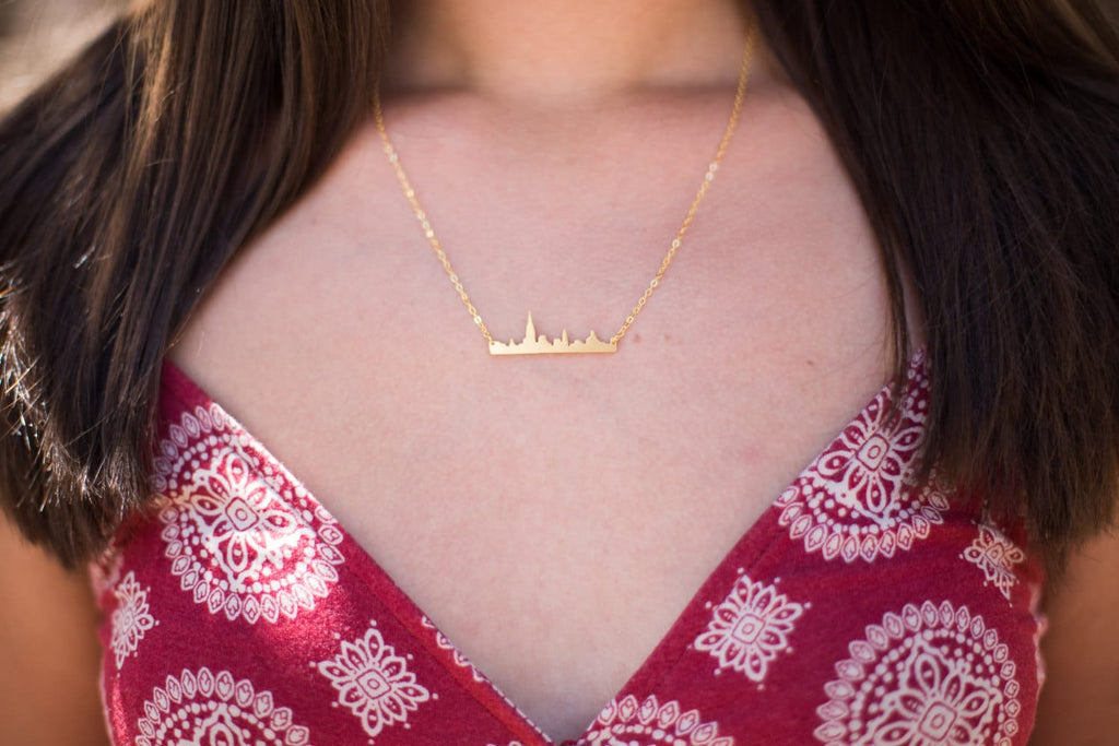 Gold New York City Skyline Necklace, NYC Souvenir Pendant, Travel Jewelry