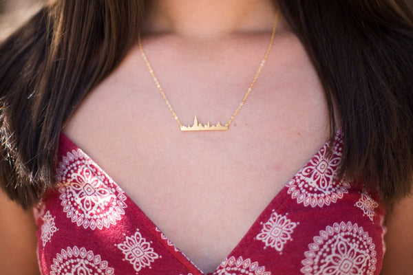 Gold New York City Skyline Necklace, NYC Souvenir Pendant, Travel Jewelry