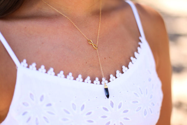 Black Onyx Spike Lariat Y Necklace, Gold Infinity Charm, Boho Statement Jewelry