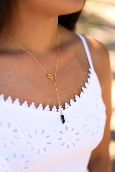 Black Onyx Spike Lariat Y Necklace, Gold Infinity Charm, Boho Statement Jewelry