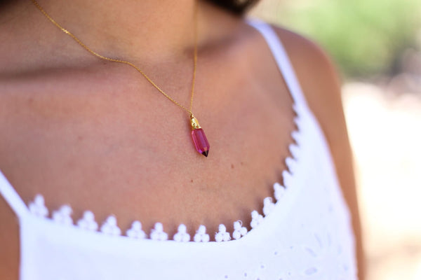 Genuine Pink Quartz Crystal Pendant Necklace 14k Gold Dipped, Handmade Healing Crystal Jewelry, Gift Her